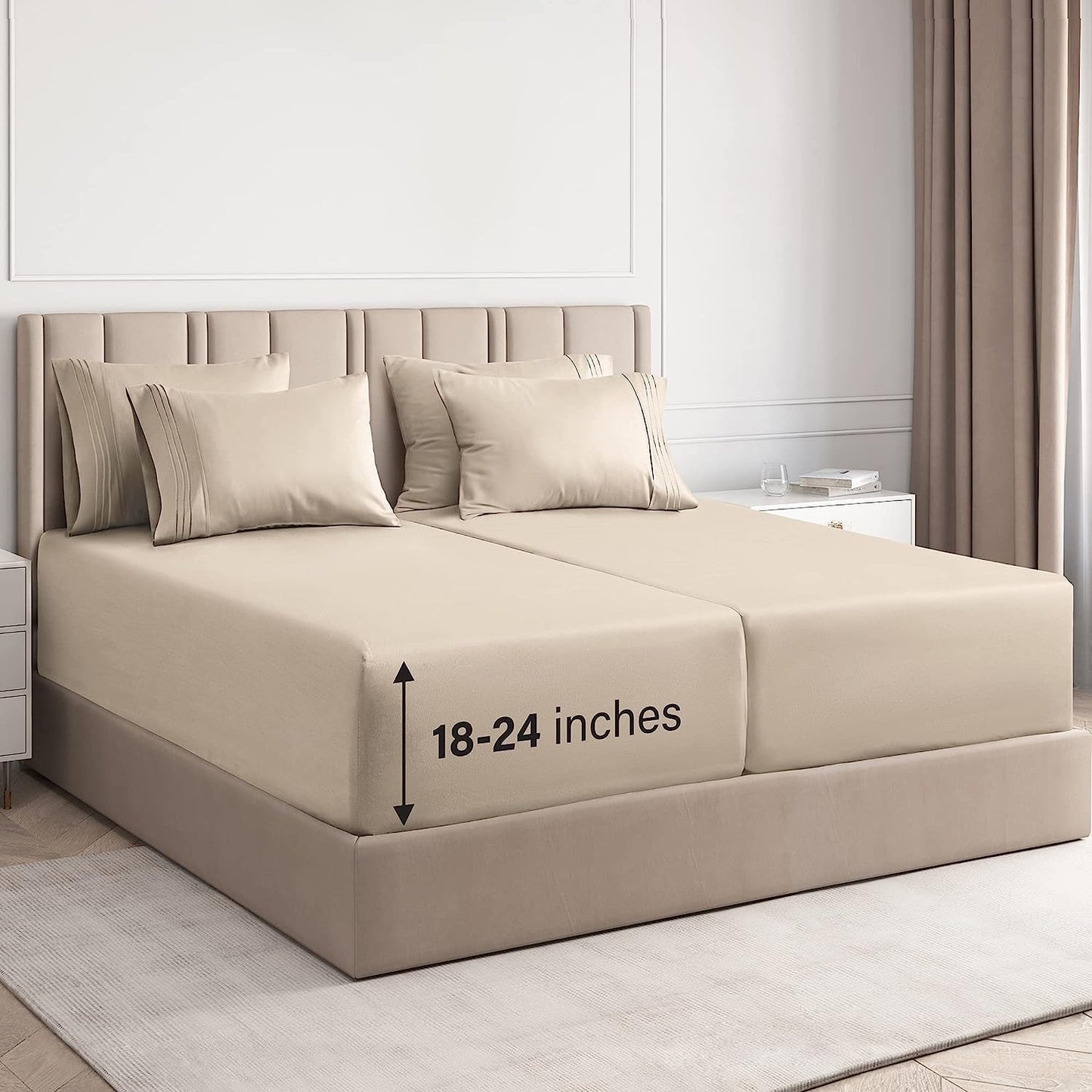 Skiennix Extra Deep Split King Sheet Set - 7 Piece Breathable Cooling Bedding - Soft, Wrinkle-Free Cream
