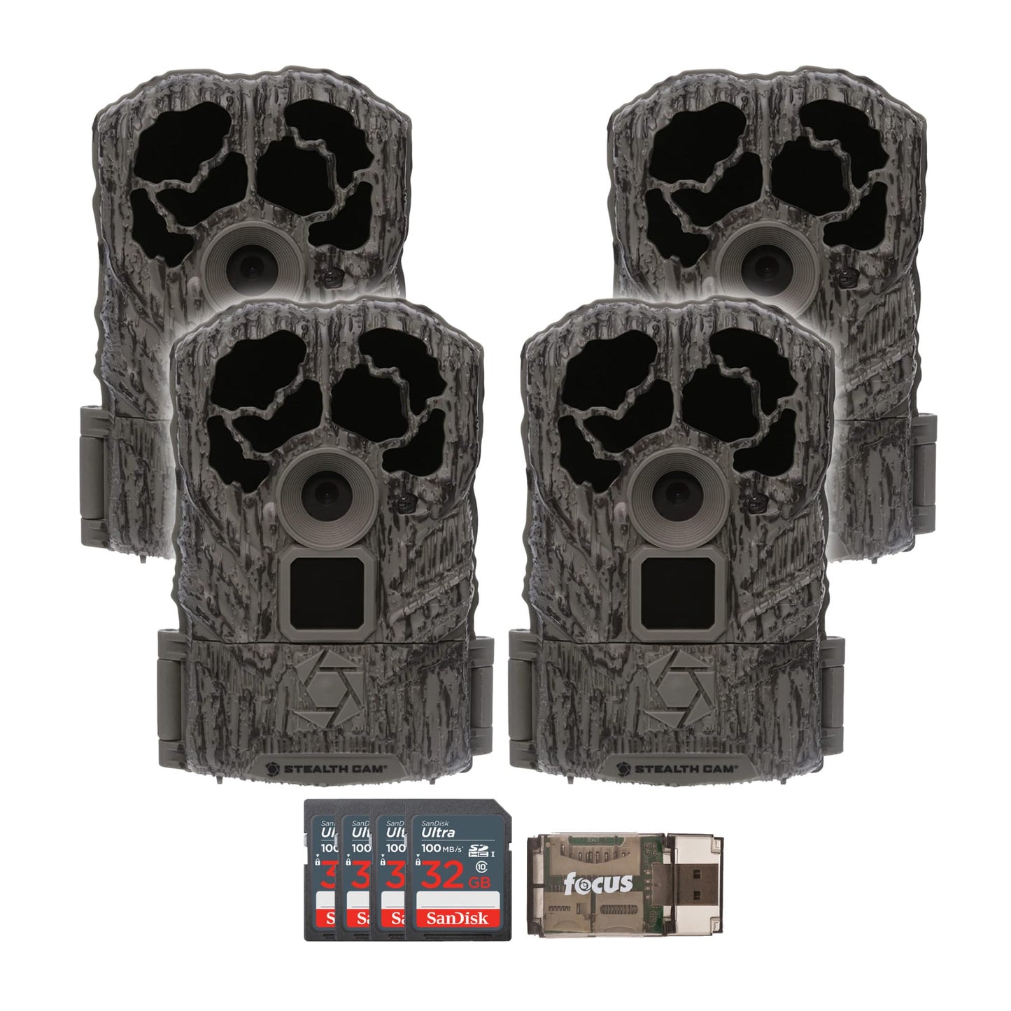 Stealth Cam Browtine 16MP, Durable, 60 Feet Infrared Detection Range, and Burst Mode Trail Camera (4-Pack) Bundle with USB 2.0 Card Reader, and Four 32GB Ultra SDHC UHS-I Memory Card (9 Items)