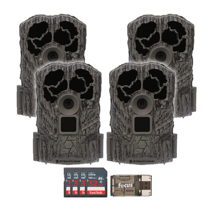 Stealth Cam Browtine 16MP, Durable, 60 Feet Infrared Detection Range, and Burst Mode Trail Camera (4-Pack) Bundle with USB 2.0 Card Reader, and Four 32GB Ultra SDHC UHS-I Memory Card (9 Items)