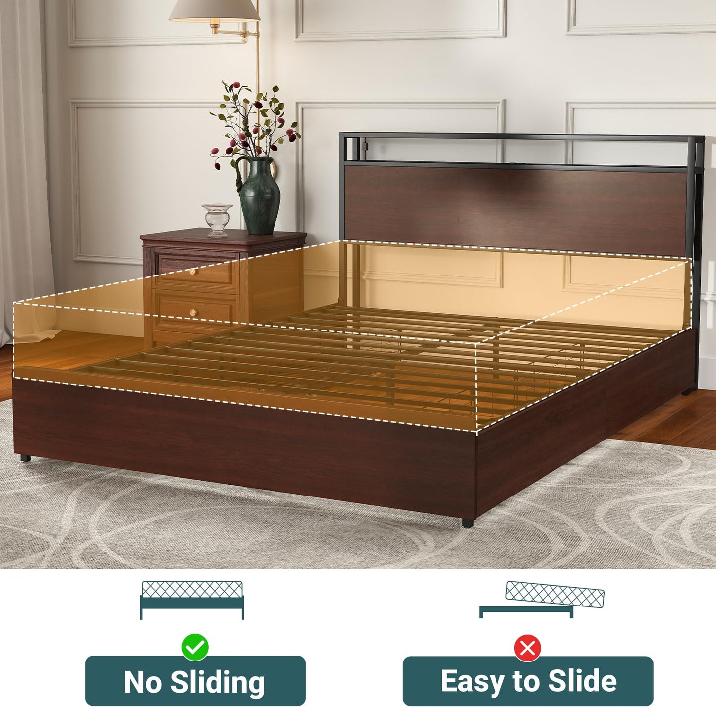 Zevemomo Full Size Bed Frame with 4 Storage Drawers, Full Platform Bed Frames with 2 Tier Storage Headboard, Charging Station, Adjustable LED Light, Noise-Free, No Box Spring Required, Reddish Brown