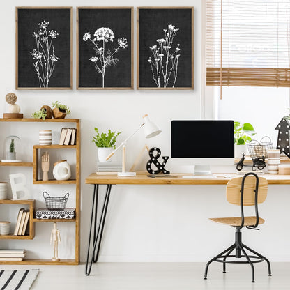 Flower Plant Wall Art Decor 24"x16" Set of 3 Black And White Botanical Painting Wood Framed For Minimalist Bedroom Office Rustic Living Room Abstract Wildflower Sign Hanging (Wood Black)