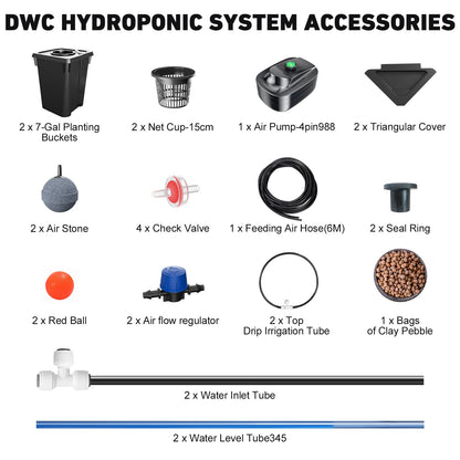 2 Buckets DWC Hydroponics Grow System with Top Drip Kit, 7 Gallon Deep Water Culture with Air Pump, Air Stone, Air Hose, Recirculating Drip Garden System