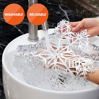 Sieral Snowflake Placemats and Coasters Set Pressed Vinyl 15 Inch Placemats and 4 Inch Coasters for Christmas Winter Wedding Party Dinner Table Decoration(Silver,24 Sets)