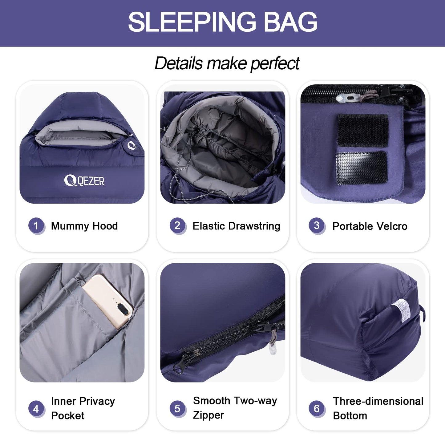 QEZER Down Mummy Sleeping Bag for Adults, 3 Season Lightweight Compact for Camping Backpacking Hiking, 45°F to 18°F Sleeping Bag with 600 Fill Power Down