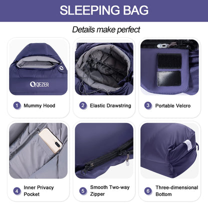 QEZER Down Mummy Sleeping Bag for Adults, 3 Season Lightweight Compact for Camping Backpacking Hiking, 45°F to 18°F Sleeping Bag with 600 Fill Power Down