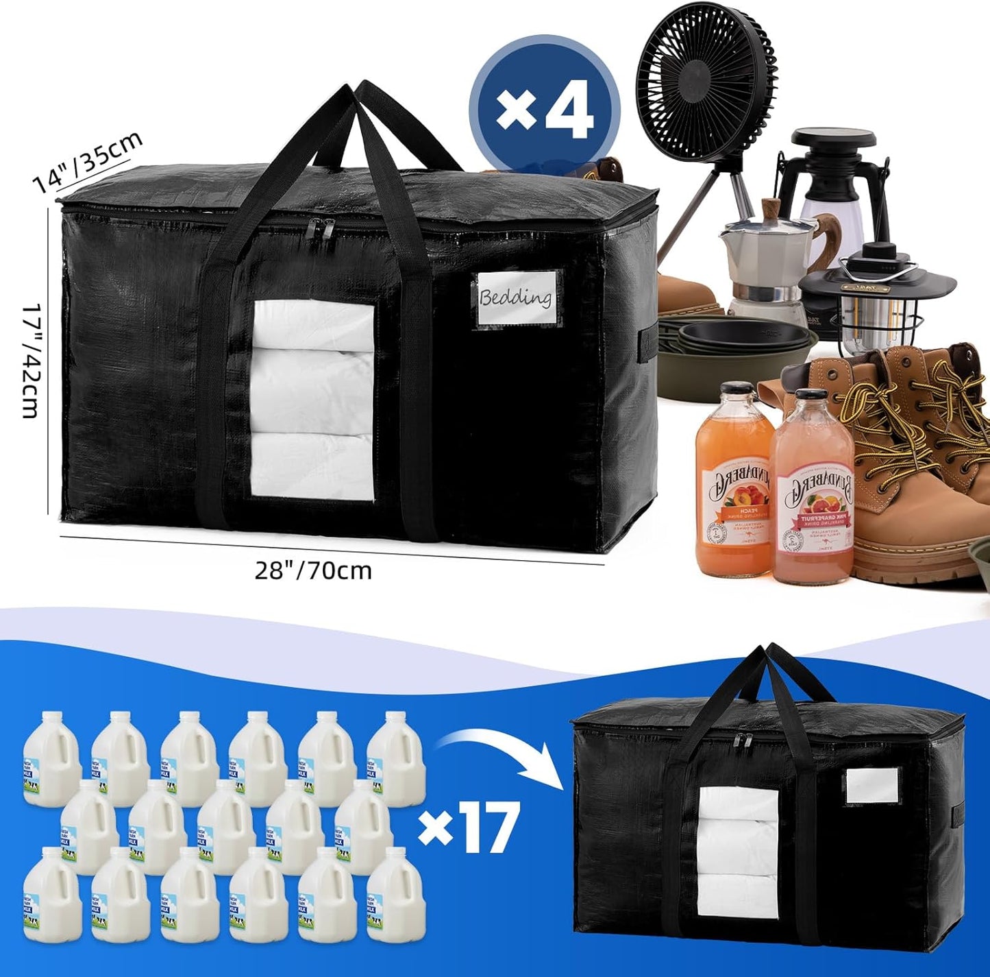 TAILI Extra Large Moving Bags - 4 Pack Heavy Duty Totes with Visible Window & Wrap Around Handles