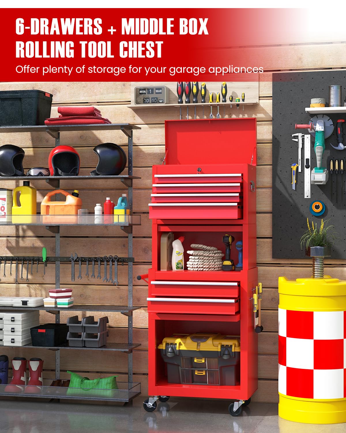 ARNOT 2-in-1 Rolling Tool Chest with 5 Drawers, Heavy-Duty Metal Tool Box with Wheels, Detachable Top Tool Box & Rolling Tool Cabinet for Garage, DIY (6-Drawers Whith Middle Box, Red)