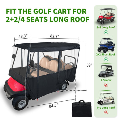Tecoom Golf Cart Enclosure 2+2/4 Passenger Fit for EZGO, Yamaha, Club Car, Golf Rain Cover 600D Waterproof Snowproof with 4 Door Zippers, 4-Side Clear Windows and 8 Windproof Hooks, Roof 82.7''L