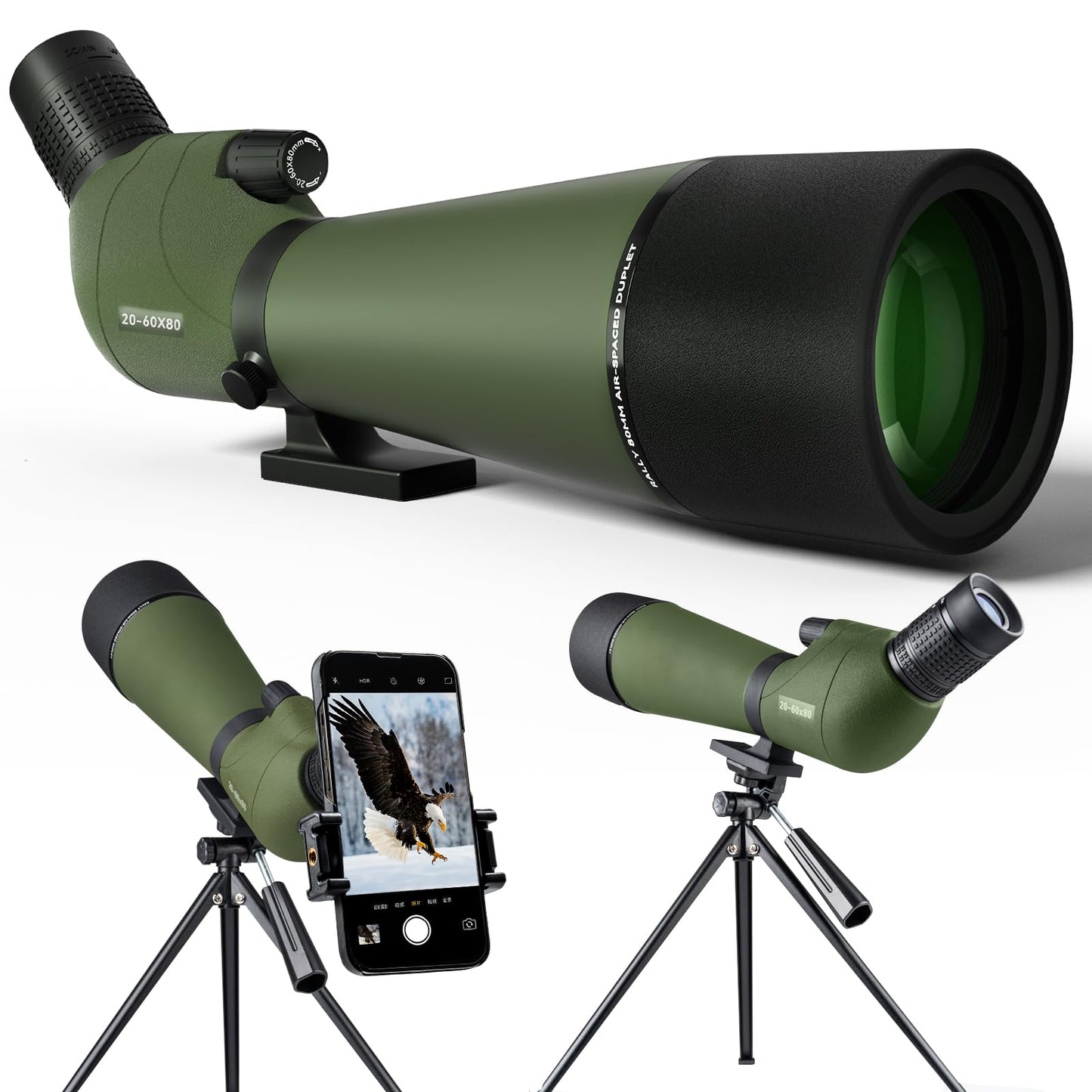 20-60x80 Spotting Scope for Target Shooting Spotter Scope with Tripod Phone Adapter BAK4 Monocular Telescope for Hunting Birdwatching Green