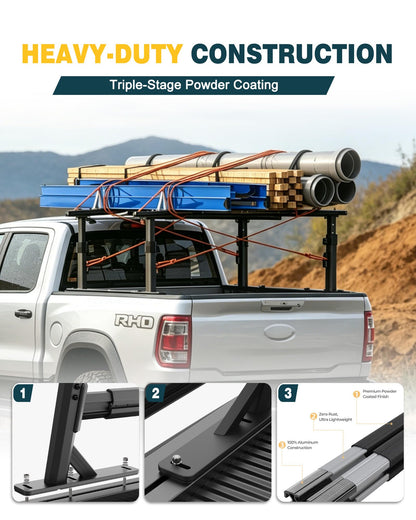 Adjustable Aluminum Truck Ladder Rack - Fits Ford F-150, Dodge Ram & Chevy Silverado, 800lbs Dynamic / 1000lbs Static Load, Tool-Free Non-Drilling Installation, Micro-Inward Tilt for Stable Cargo