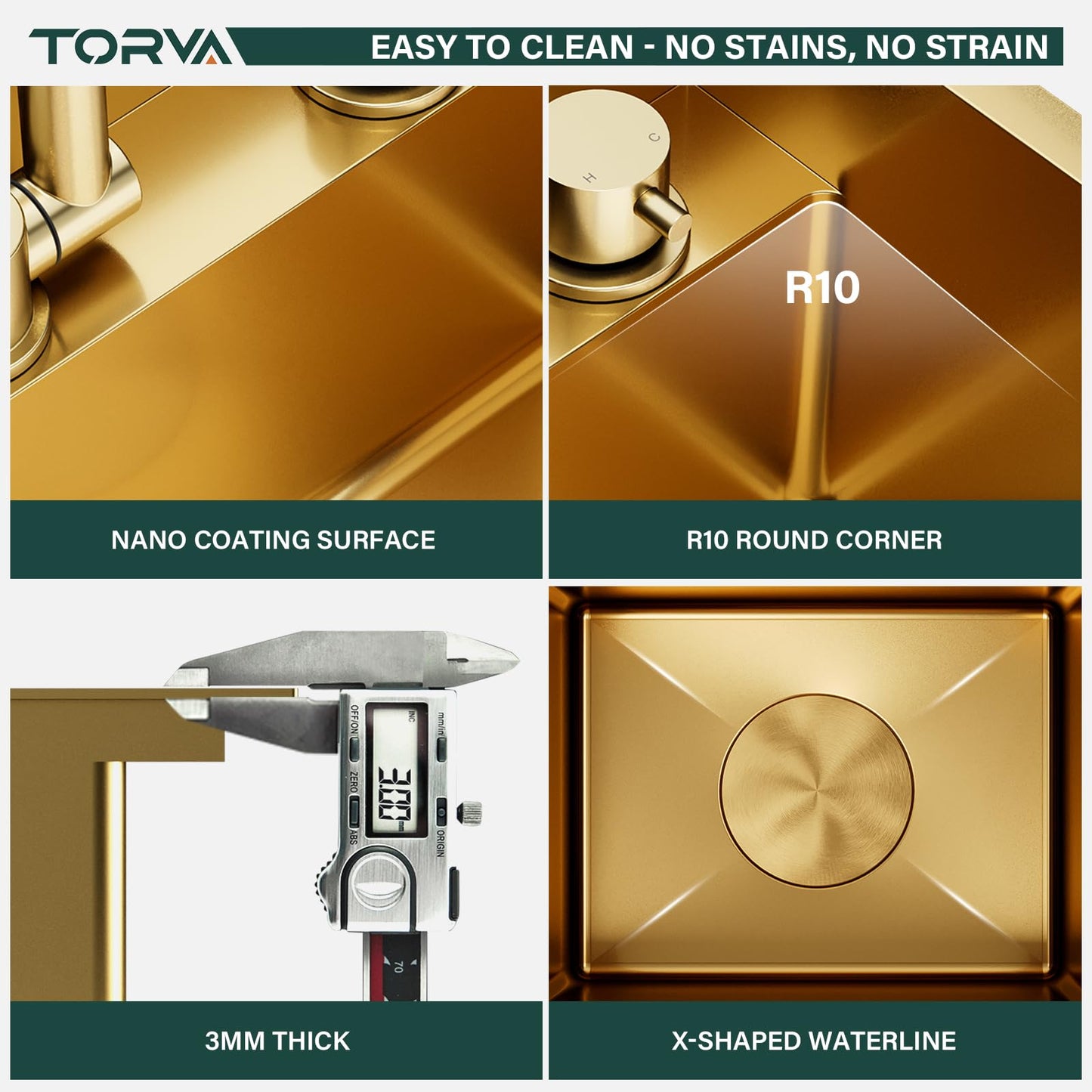 TORVA Gold RV Sink, 13x15x9 Inch Nano Stainless Steel Single Bowl Sink, Compact Undermount RV Kitchen Sink, 16 Gauge T304 Steel, Easy to Clean & Anti-Scratch Design for Camper and Trailer