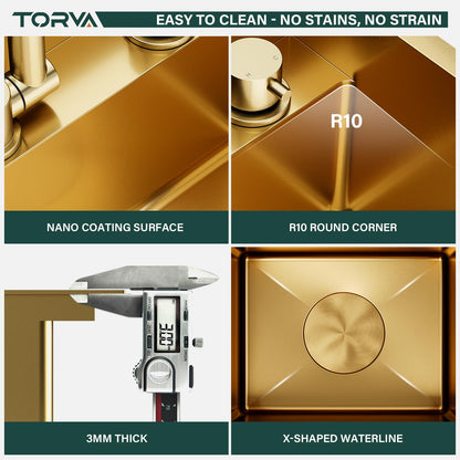TORVA Gold RV Sink, 13x15x9 Inch Nano Stainless Steel Single Bowl Sink, Compact Undermount RV Kitchen Sink, 16 Gauge T304 Steel, Easy to Clean & Anti-Scratch Design for Camper and Trailer
