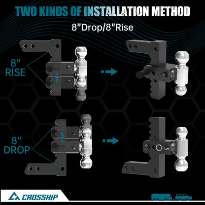 CROSSHIP Adjustable Drawbar Trailer Hitch - Heavy Duty Aluminum Drop Hitch - Fits 2" Receiver, 8" Drop/Rise, for Truck, SUV, RV(12500 Lbs GTW)