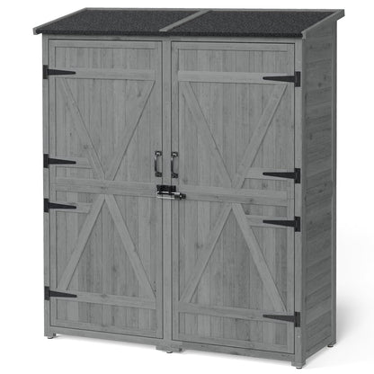 Gizoon Outdoor Storage Cabinet with Waterproof Roof, Double Lockable Doors Garden Shed with 2 Removable Shelves, Wooden Storage Shed with Large Storage Space for Patio, Garden, Backyard, Lawn, Grey