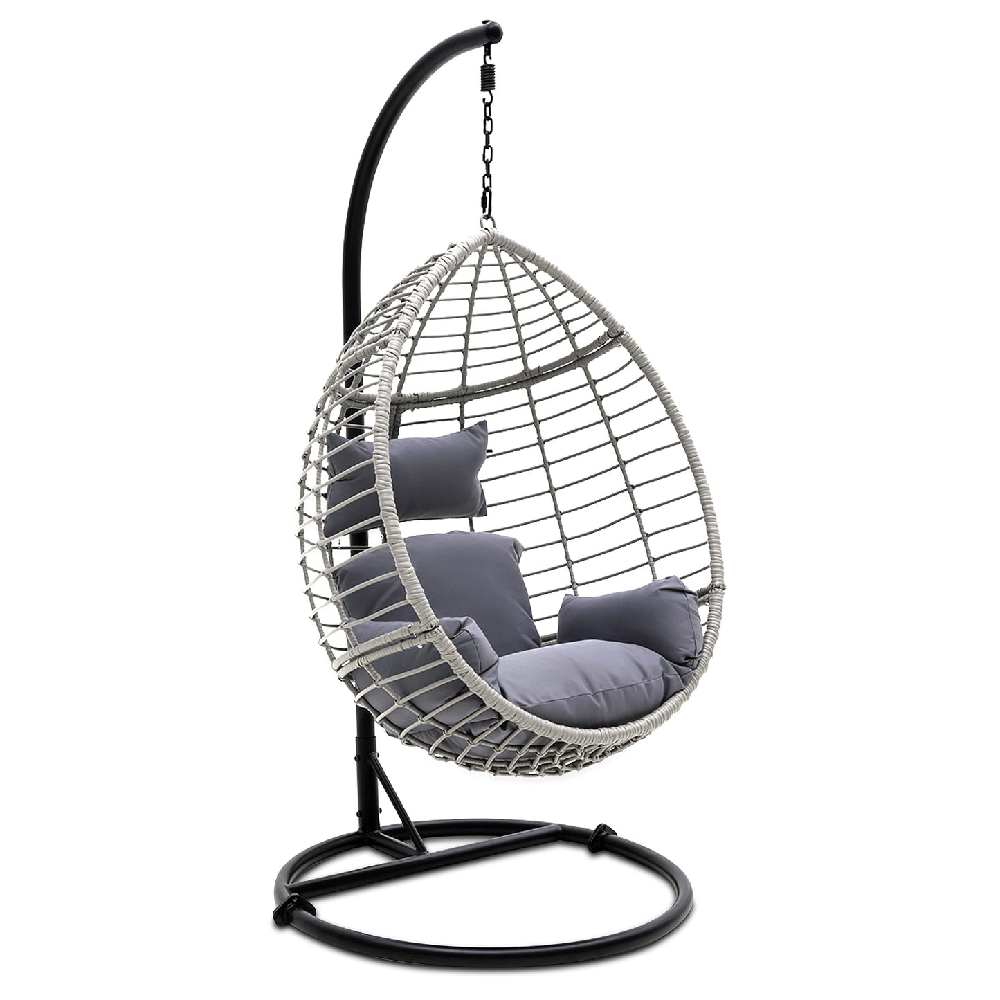 SereneLife Hanging Egg Chair with Stand - Indoor Outdoor Patio Wicker Rattan Lounge Chair with Stand, Steel Frame, UV Resistant Washable Cushions for Garden Backyard Deck Sunroom SLGZ0EGG (Gray)