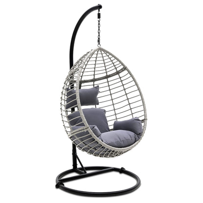 SereneLife Hanging Egg Chair with Stand - Indoor Outdoor Patio Wicker Rattan Lounge Chair with Stand, Steel Frame, UV Resistant Washable Cushions for Garden Backyard Deck Sunroom SLGZ0EGG (Gray)