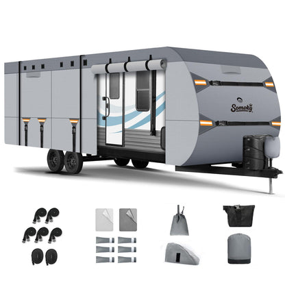 Travel Trailer Cover 20-22 FT, Heavy Duty 7-Layer RV Cover, Rip-Stop Camper Cover, Windproof with 5+2 Straps, UV & Snow Protection, Fits Rooftop A/C