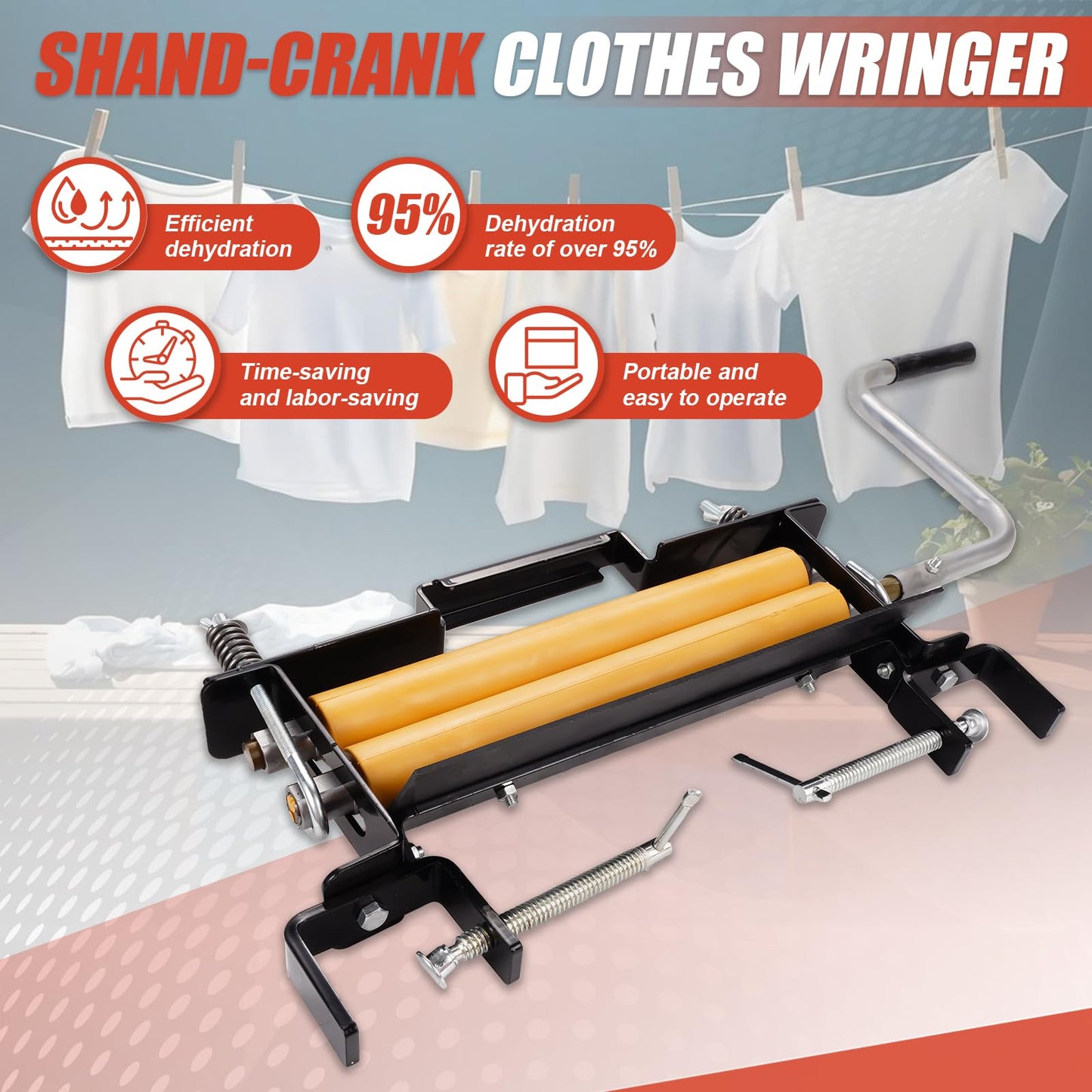 CCNLHZM Hand-Crank Clothes Wringer - Solid Wood Tan Rollers, Removes 95% Water, Portable Laundry Dehydrator for Efficient Water Removal