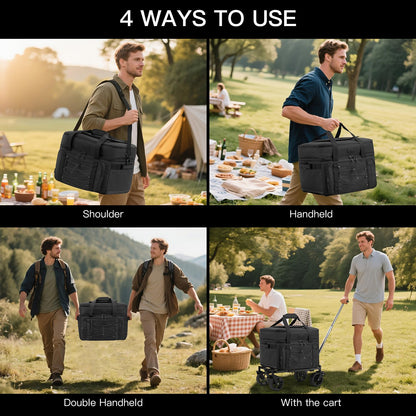 Extra Large Wheeled Portable Cooler Bag 85 Cans Double Deck Heavy Duty Rolling Insulated Cooler with All-Terrain Wheels Leakproof Tactical Soft Sided Cooler for Beach Camping Picnic Travel, Black