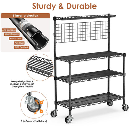 Leteuke Bakers Rack with Storage & Wheels, 42 Inch Microwave Stand Kitchen Shelves, 4-Tier Heavy Duty Storage Rack with 20 S-Hooks, Commercial Metal Utility Kitchen Cart, 42× 18× 63 Inch, Black