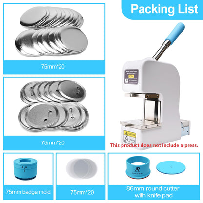 75mm 3" Button Maker Kit – Badge Making Supplies with Metal Plastic Mold Set, 86mm Circle Cutter & Pad, 20 Tin Badge Blanks for Button Press Machine | Press Not Included