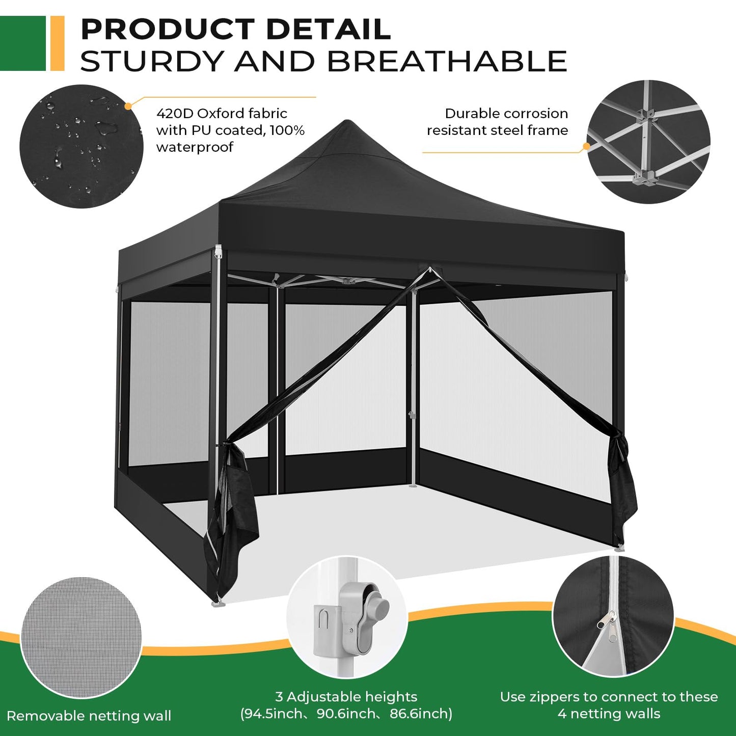 COBIZI 10x10 Heavy Duty Pop Up Canopy with 4 Mosquito Netting Wall, Easy Set Up Commercial Gazebo Party Tent, Outdoor Instant Screen Canopy for Backyard, Patio, Garden, Black
