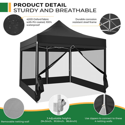COBIZI 10x10 Heavy Duty Pop Up Canopy with 4 Mosquito Netting Wall, Easy Set Up Commercial Gazebo Party Tent, Outdoor Instant Screen Canopy for Backyard, Patio, Garden, Black