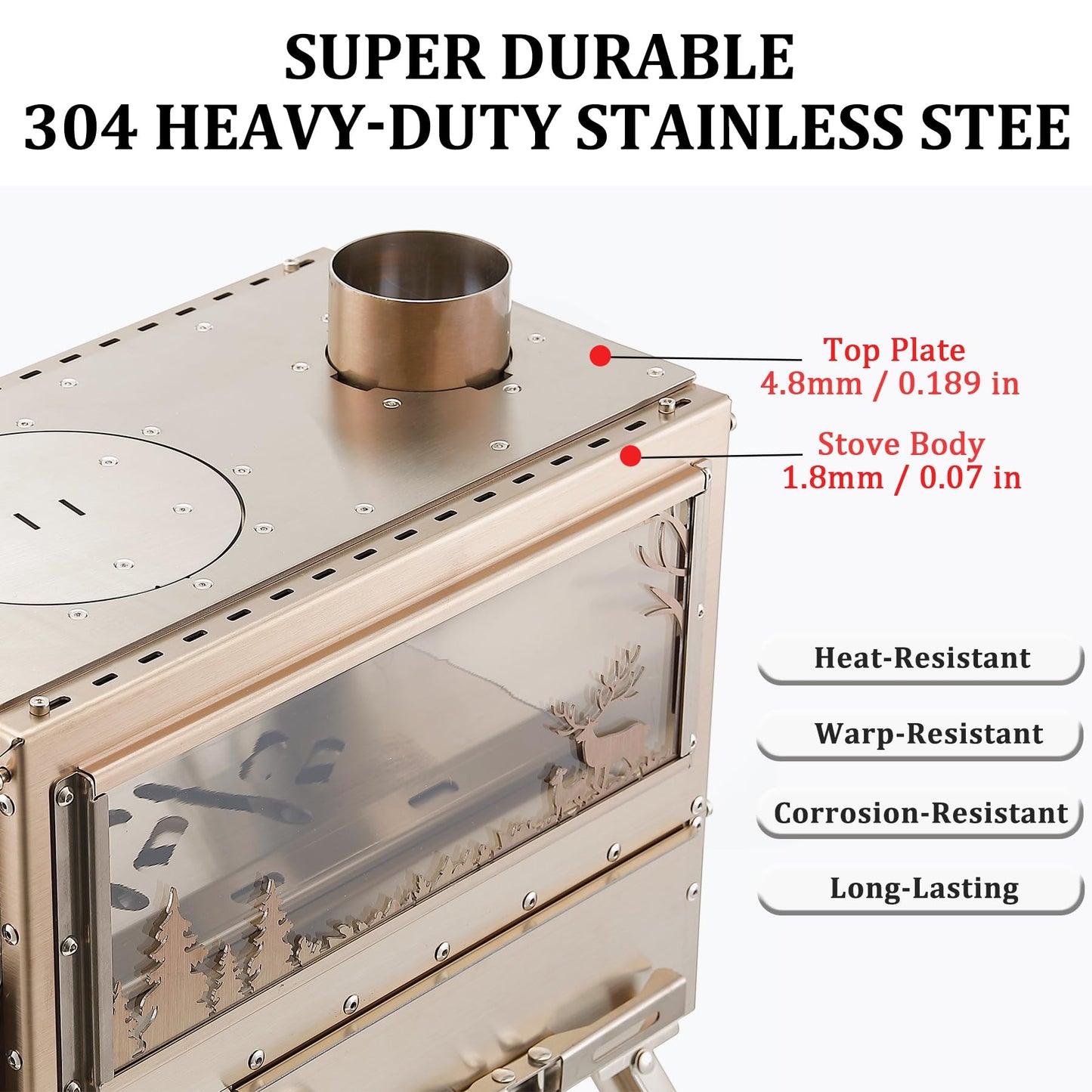 CAMPJOURNEY M6 Gold Wood Stove with Oven & IGT Table, Gold Finish, 2100 cu in Firebox, Portable Hot Tent Stove for Camping, 98" Chimney, Luxury Outdoor Heating for Winter Tent, Ice Fishing, Hunting