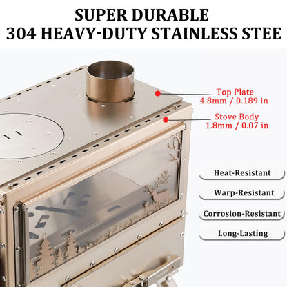 CAMPJOURNEY M6 Gold Wood Stove with Oven & IGT Table, Gold Finish, 2100 cu in Firebox, Portable Hot Tent Stove for Camping, 98" Chimney, Luxury Outdoor Heating for Winter Tent, Ice Fishing, Hunting