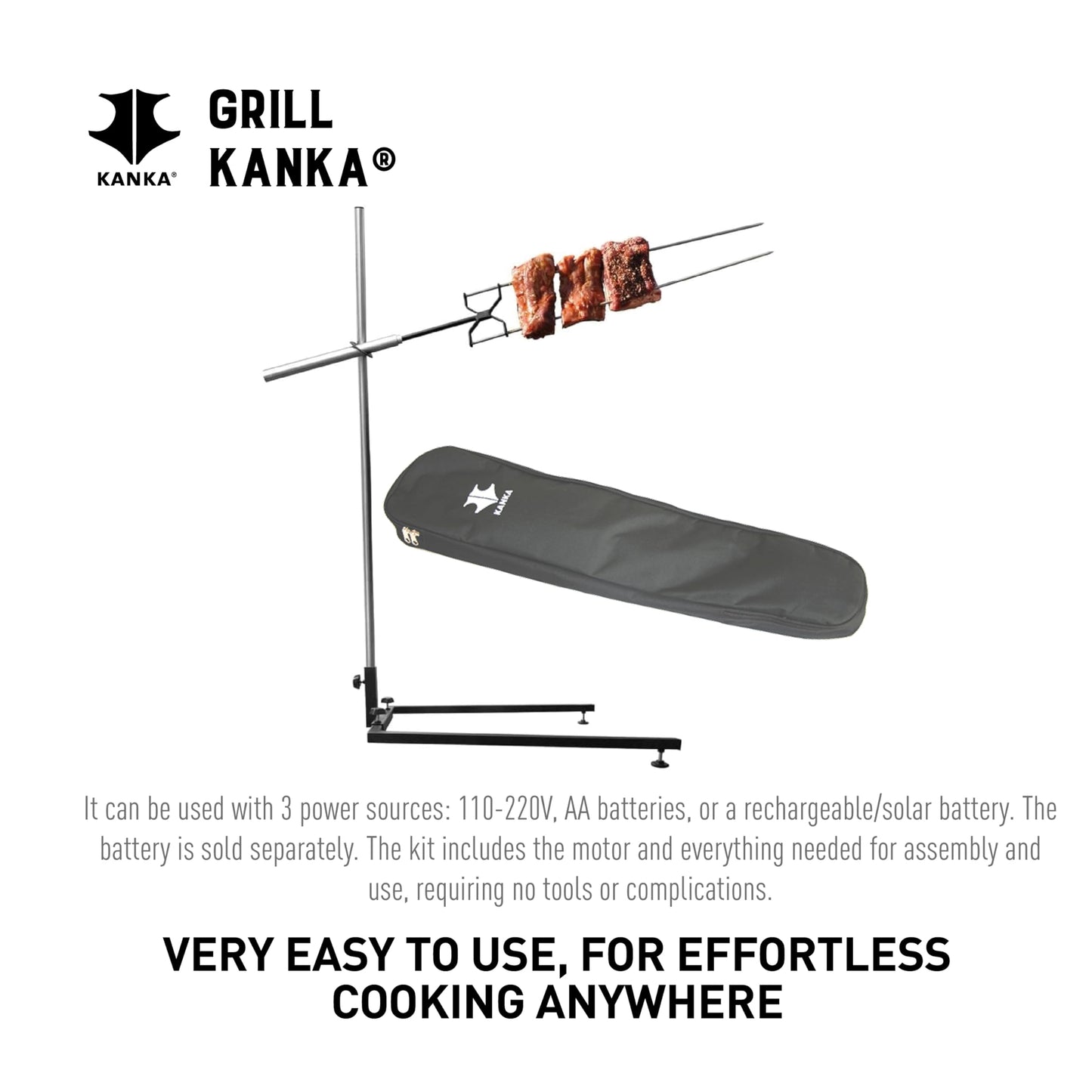 KANKA Rotisserie Grill Kit – Heavy Duty Portable Spit Roaster with Electric Motor – Works with Fire Pits, Campfires, Charcoal & Gas Grills – 22LB Capacity, Stainless Steel - Includes Carrying Bag