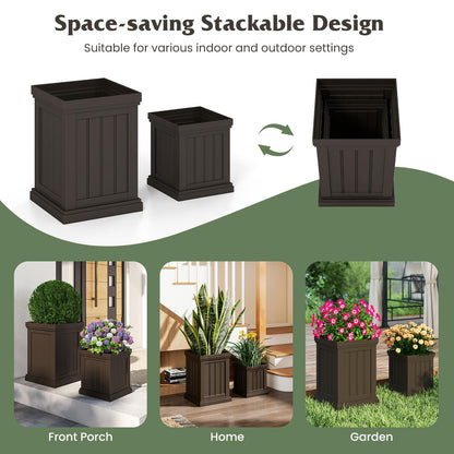 Giantex Square Plastic Planters Set of 2, 19" Large & 13” Small Flower Pots with/Drainage Holes & Nesting Design, Indoor Outdoor Decorative Plant Containers for Front Porch Home Garden Patio (Brown)