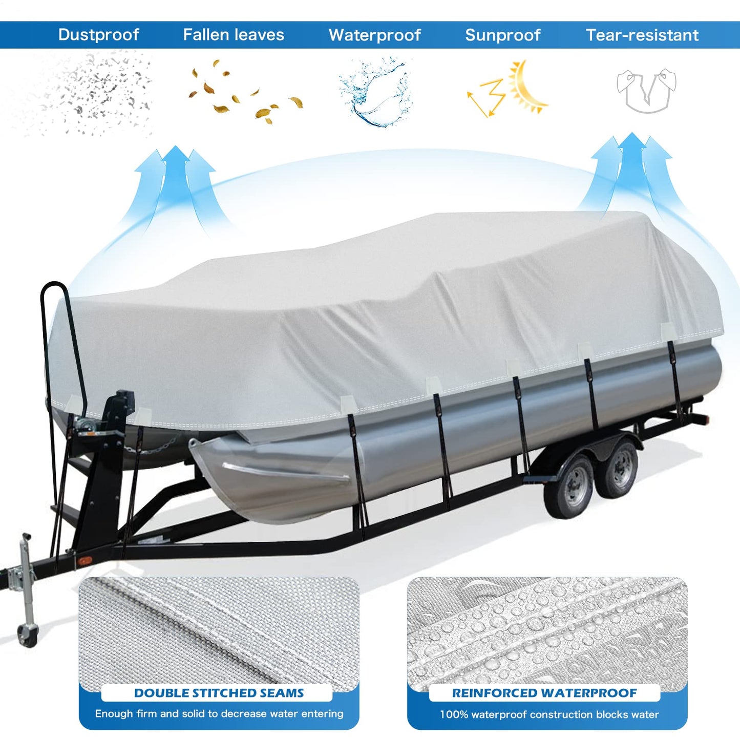 Solim Trailerable 1200D PU Heavy Duty Pontoon Boat Cover, 25-28ft Waterproof Marine Grade Oxford UV Resistant Polyester Canvas Cover, Boat Cover for Pontoon with Adjustable 20 Tie Down Straps, Gray