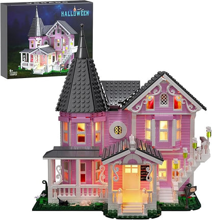 Pink Palace House Building Set with Lights Halloween Haunted House Blocks Toy Halloween House Kit for Kids Adults Compatible with Lego Christmas for Girls and Boys Aged 8+ (1349PCS)