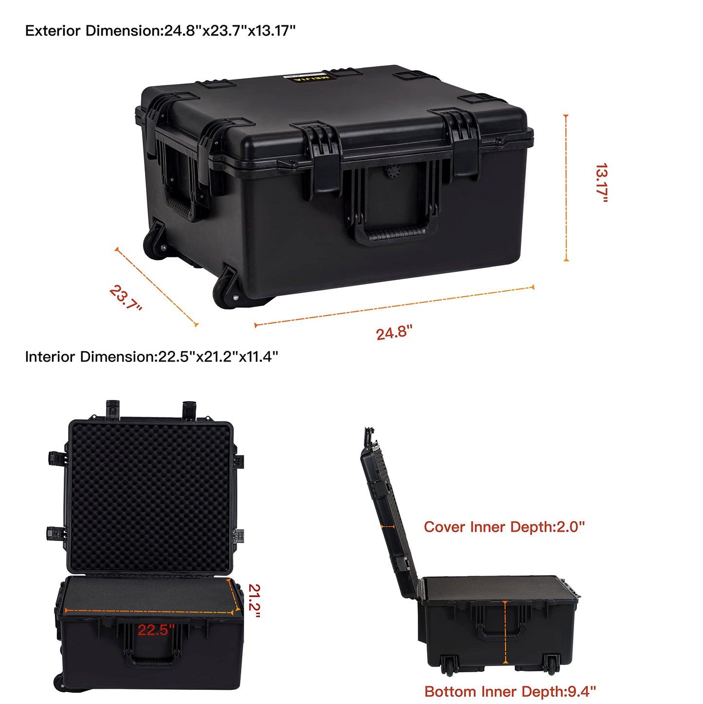 MEIJIA Portable All Weather Waterproof Hard Case, Camera Case with Customizable Fit Foam And Rolling Wheels, 24.8"X23.7"X13.17",Elegant Black