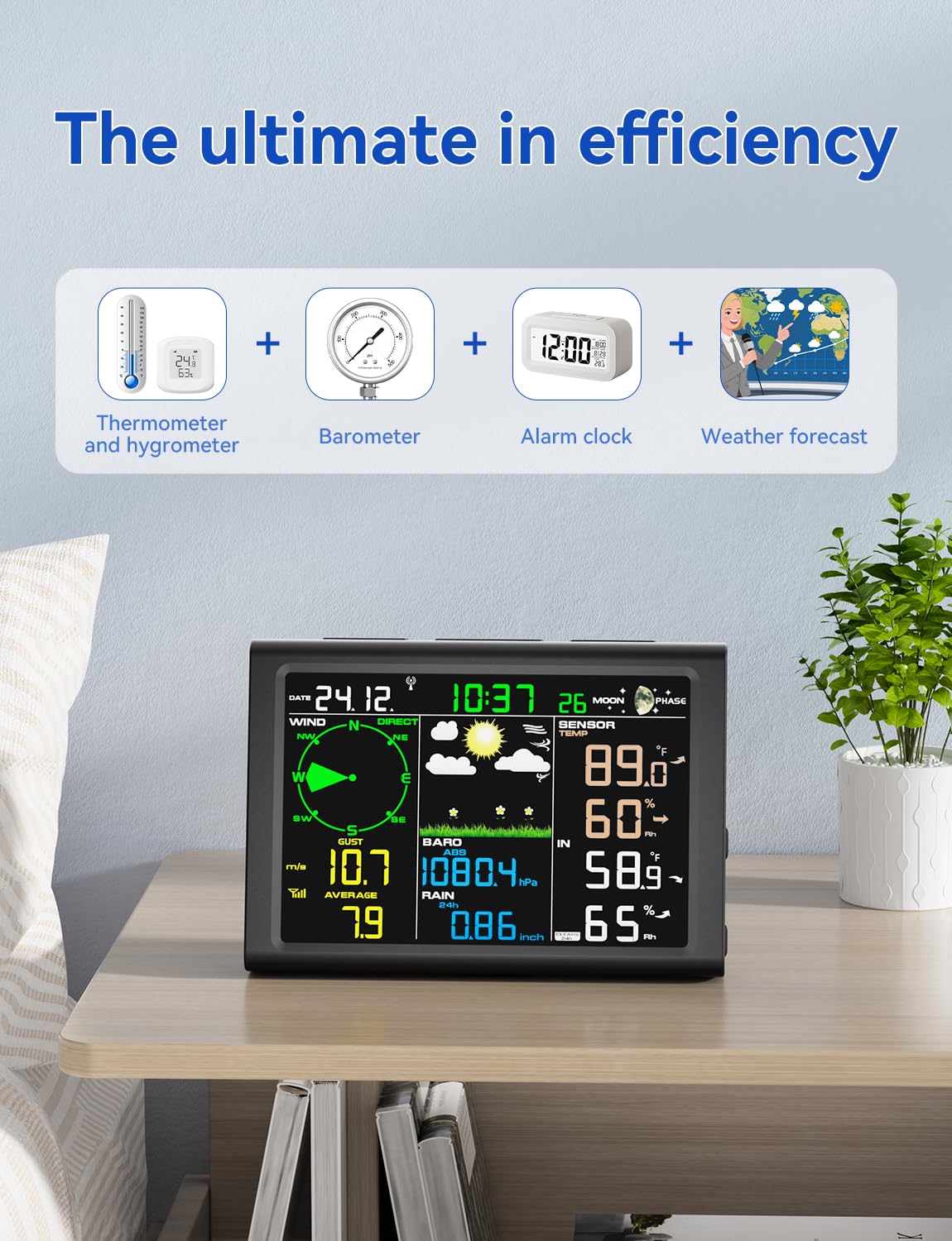 AIRAIN TECH 10-in-1 Wireless Weather Station with Dual Display, Outdoor Sensor, Rain Gauge, Atomic Clock, Wind Speed, Indoor Temp/Humidity, Barometric Pressure,etc (No WiFi)