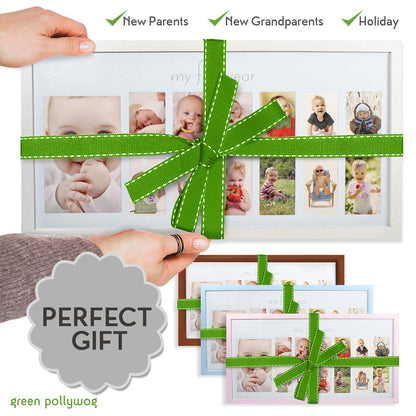 Green Pollywog | Baby's First Year Frame | Collage Frame For Baby In White | 12 Month Picture Frame | Milestone Photos | First Year Picture Mat | My First Year Photographs