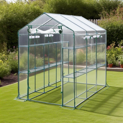 Greenhouse, 57 x 85 x 77'' Greenhouses for Outdoors, with Mesh Side Windows, PE Cover, 8 Shelves, Heavy Duty Walk in Green House for Backyard Garden Indoor, White& Green Outside