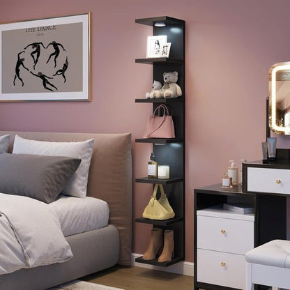 Fixwal 7-Tier Black Floating Wall Shelves - LED Lights for Home Decor & Organizer Display