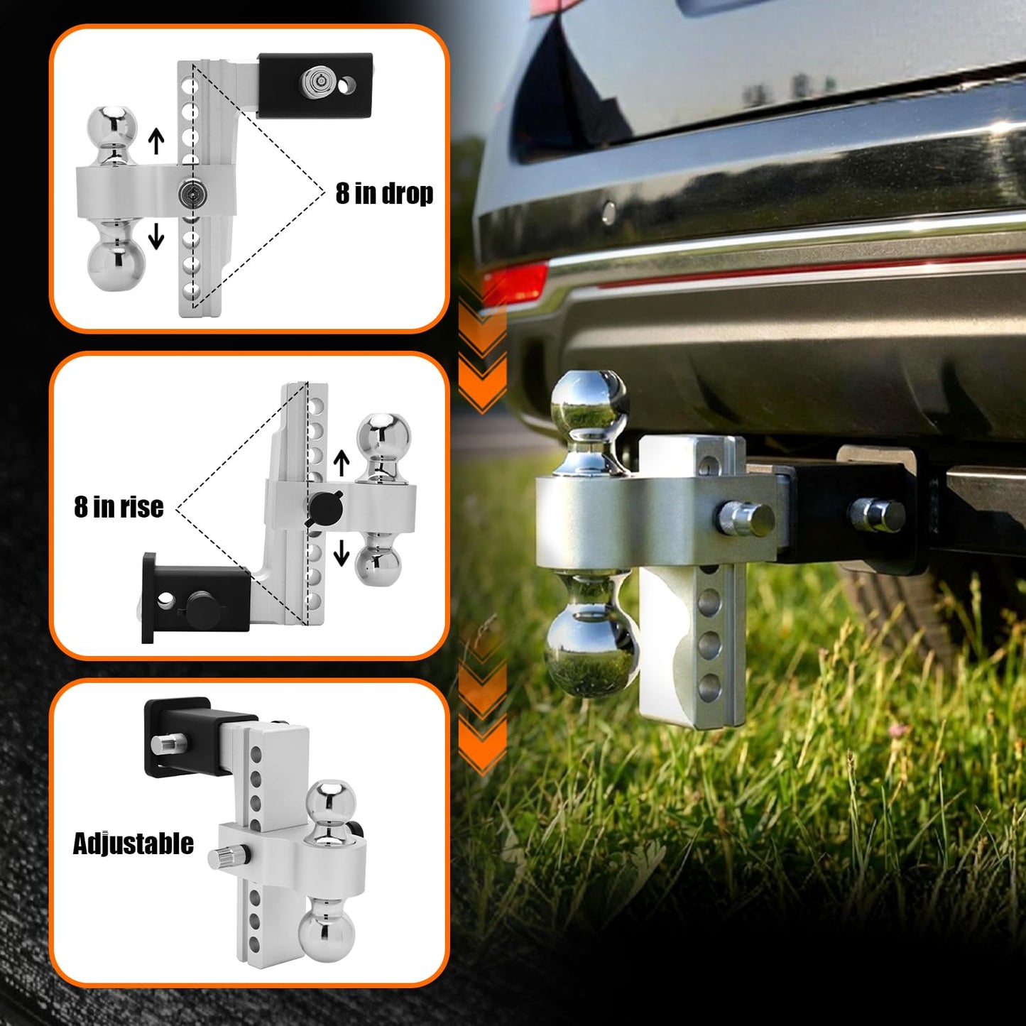 Chaoos Drop Hitch 2.5 Inch Receiver, Adjustable 8 Inch Trailer Hitch Ball Mount,12000LBS GTW(2" & 2-5/16") Chrome Plated Steels Balls, Aluminum 2.5 Hitch Receiver Tow Hitches, 2 Anti-Theft Pins Locks