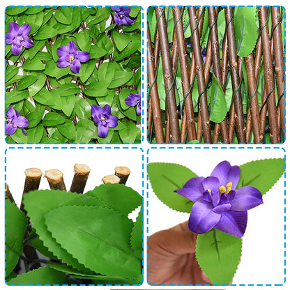 GLANT Expandable Fence Privacy Screen for Balcony Patio Outdoor,Decorative Faux Ivy Fencing Panel,Artificial Hedges (Single Sided Leaves) (4, Purple Flowers)