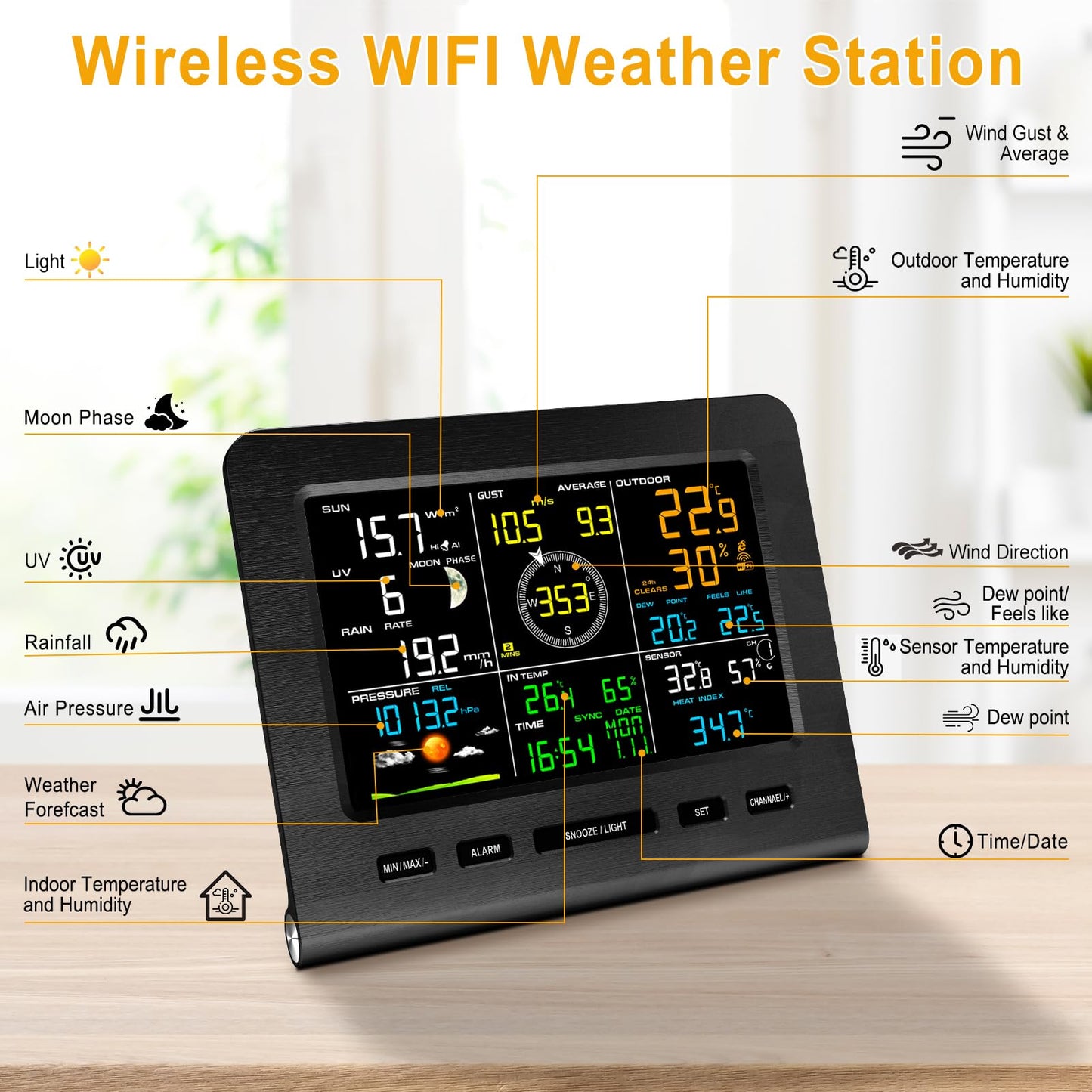 Urageuxy WiFi Weather Station - 7-in-1 Wireless Smart Home Weather Stations with Rain Gauge and Wind Speed/Direction,Temperature, Humidity, Weather Forecast, UV/Light, Moon Phase and Alarm