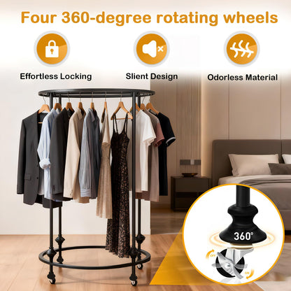 Round Garment Racks for Hanging Clothes, Portable Rolling Floor Standing Wardrobe Rack with Topper, Rotate 360 °Clothing Racks for Bedroom, Clothing Store, Dance Hall (Black, 27.5 inches x 51 inches)