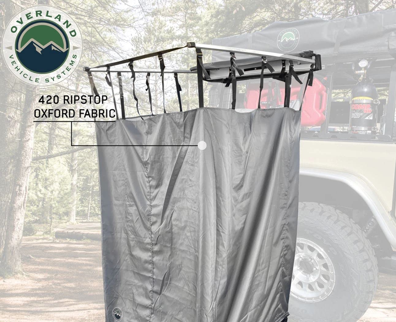 Overland Vehicle Systems HD Nomadic Car Side Shower Room with Black 1000G PVC Travel Cover, Universal L - Brackets, Dark Grey Body with Silver Inner Lining