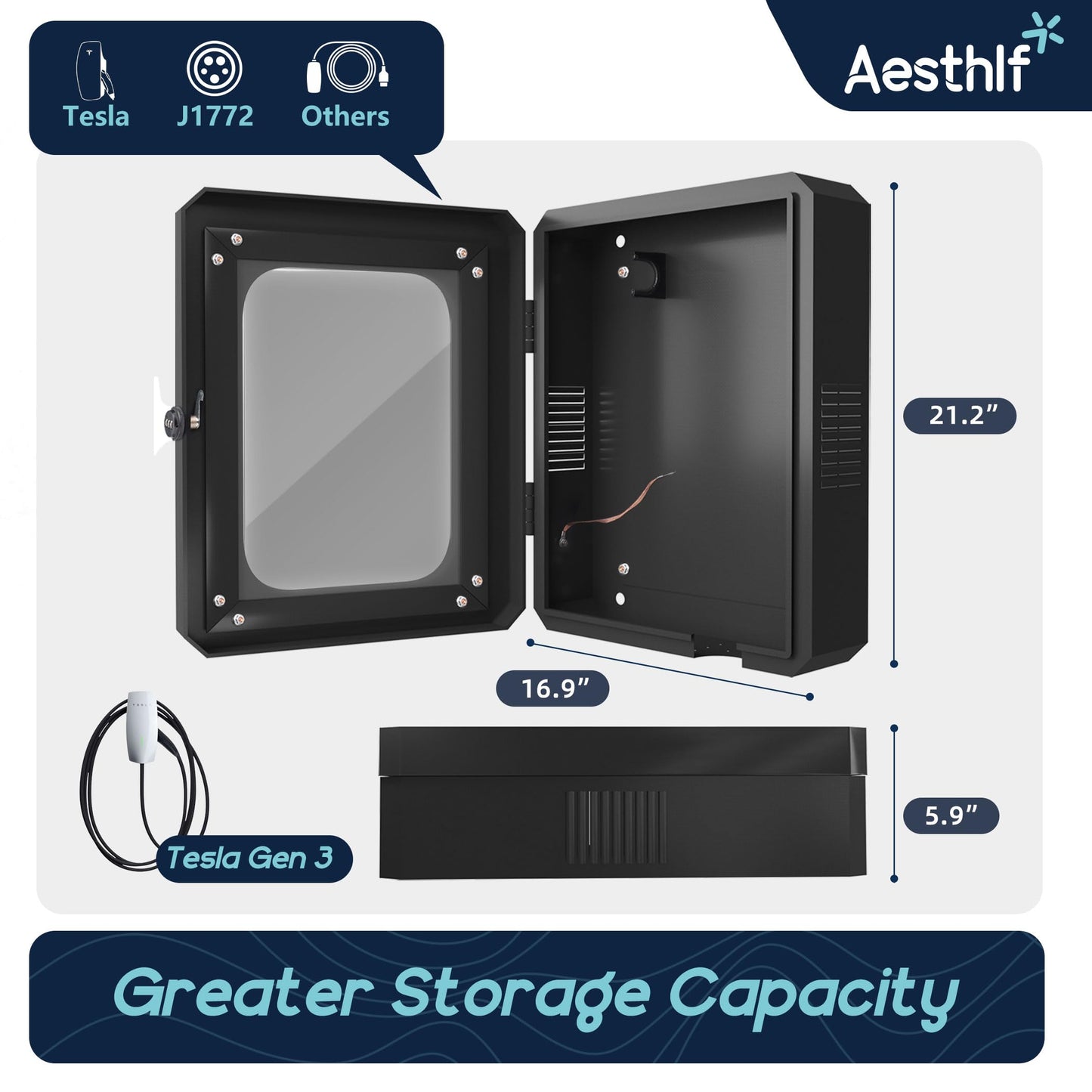 Aesthlf Outdoor EV Charger Enclosure Protect Lock Box for Tesla,Chargepoint & Home Charger,Visible,Anti-UV, Black