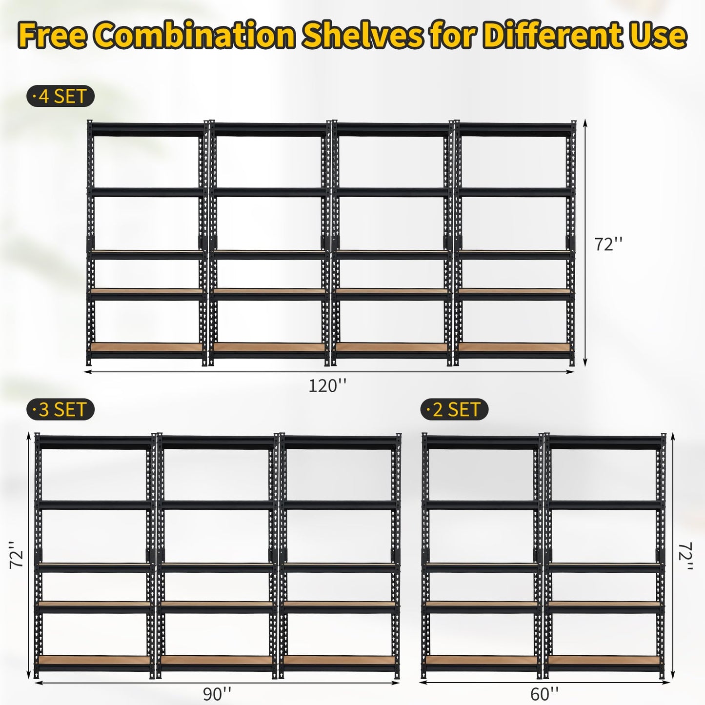 5-Tier Metal Adjustable Storage Shelving Unit, 2000 LBS Heavy-Duty Garage Shelve, 48'' x 24'' x 72'' Shelf Organizer for Garage, Kitchen, Bathroom Laundry, Closet (Black)