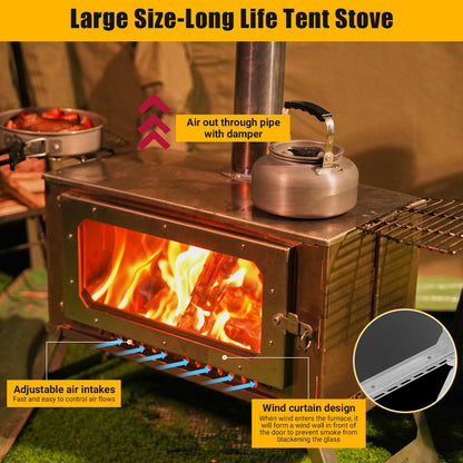 Large Portable Wood Burning Tent Stove, Foldable Stainless Steel Camping Stove with Viewing Glass & 5 Chimney Pipes & 3 Grills for Outdoor Heating, Cooking, Shelter, and Wilderness Survival