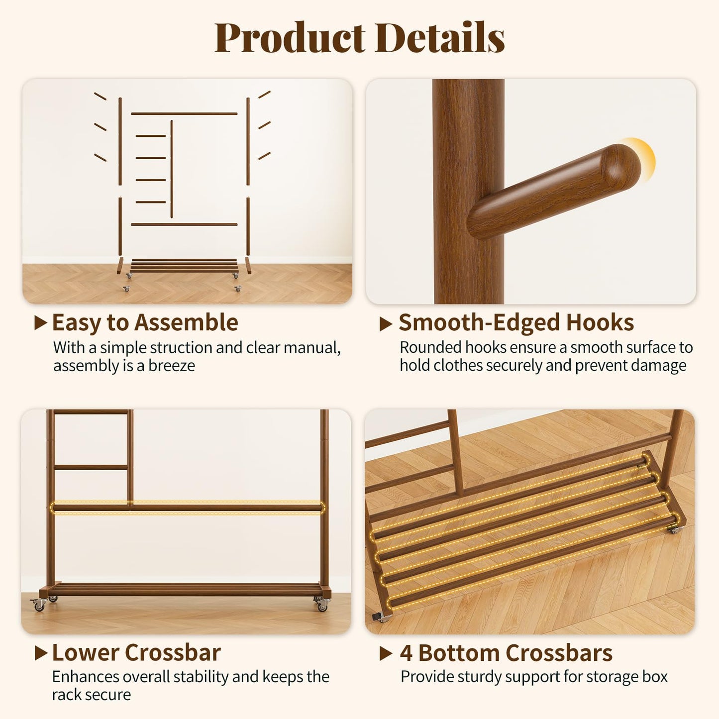 Yoobure Solid Wood Clothing Rack - Rolling Clothes Rack with Wheels, 4-in-1 Coat Rack with Pants Rack & Shelf, Freestanding Clothing Racks for Hanging Clothes, Garment Rack for Closet Bedroom Entryway