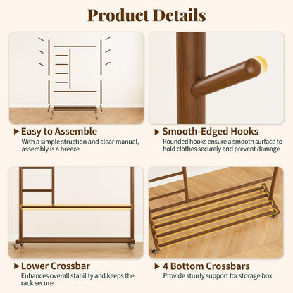 Yoobure Solid Wood Clothing Rack - Rolling Clothes Rack with Wheels, 4-in-1 Coat Rack with Pants Rack & Shelf, Freestanding Clothing Racks for Hanging Clothes, Garment Rack for Closet Bedroom Entryway