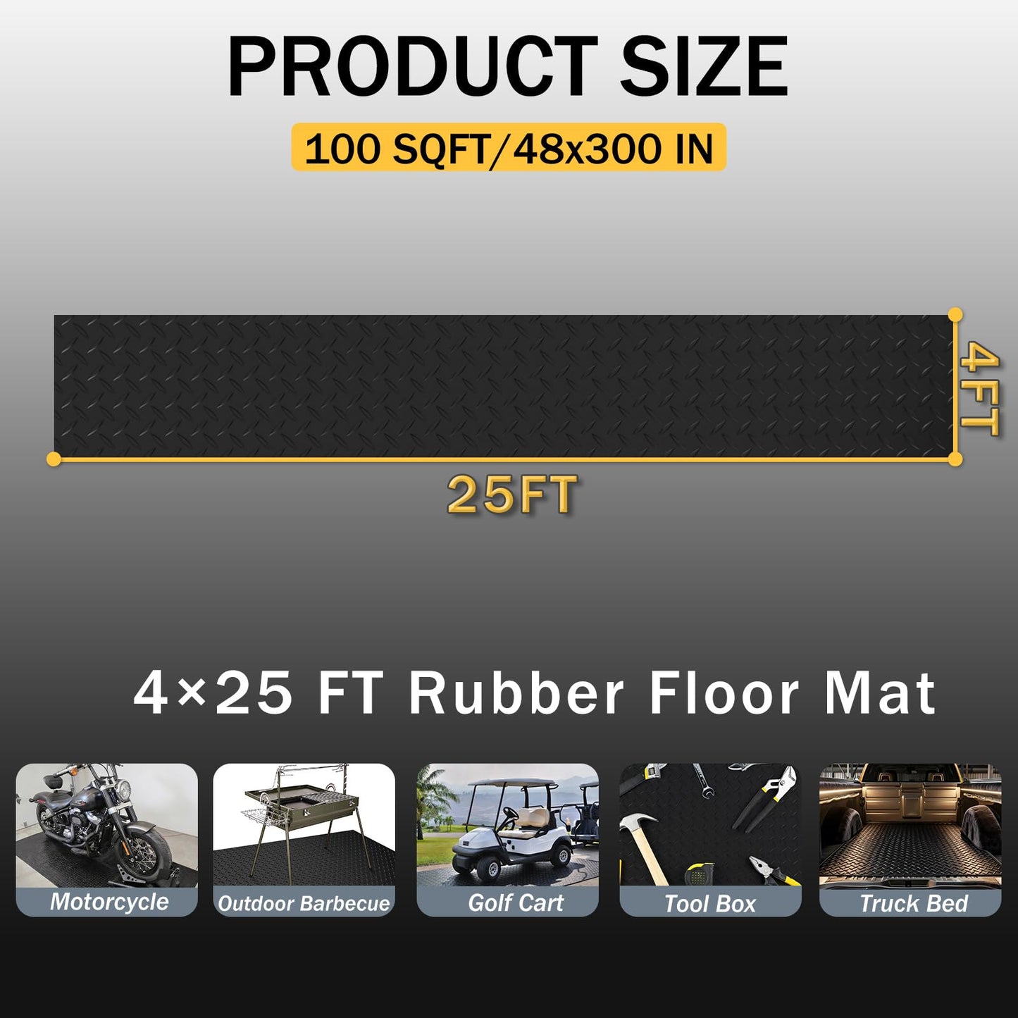 StellarStar 4x25 FT Garage Floor Mat, 2.8mm Thickened PVC Diamond Plate Garage Mat with 20PCS Tapes, Rubber Flooring Rolls for Under Car, Non-Slip Rubber Motorcycle Mat for Golf Cart, Trailer, Black