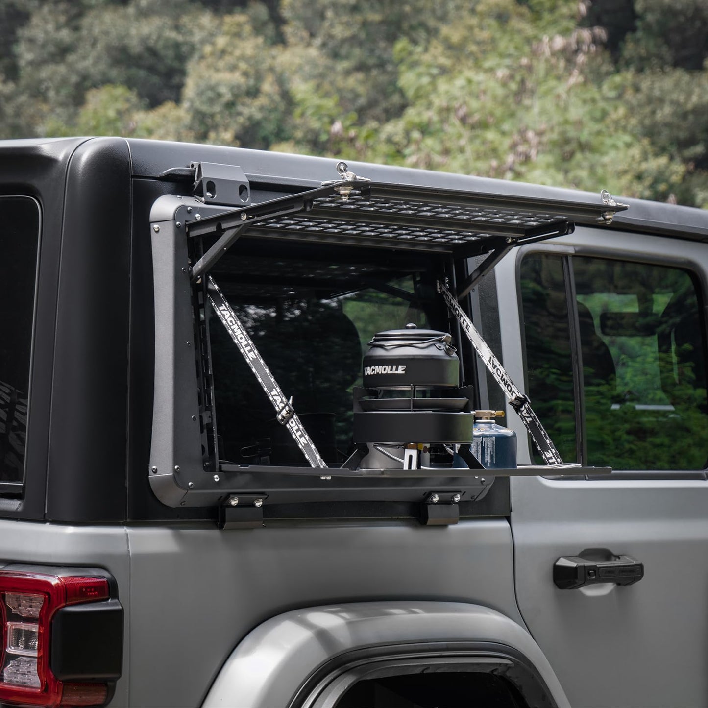 TACMOLLE Rear Side Window Worktable - Tactical MOLLE Panel for Gasoline Pack Recovery Traction Boards Shovel Mounts, Rear Window Protector Fits Jeep Wrangler JL 2018-2024, Passenger Side